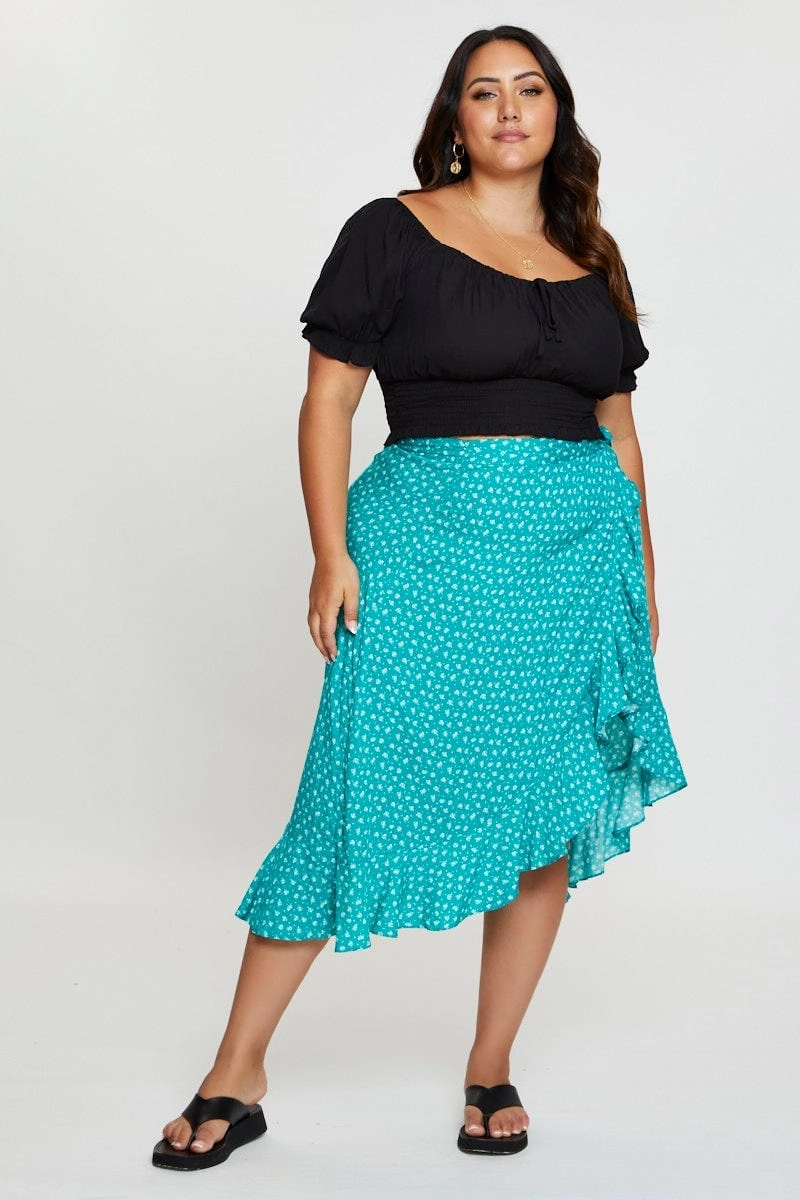 Floral Print Midi Skirt Ruffle Hem Smart Design