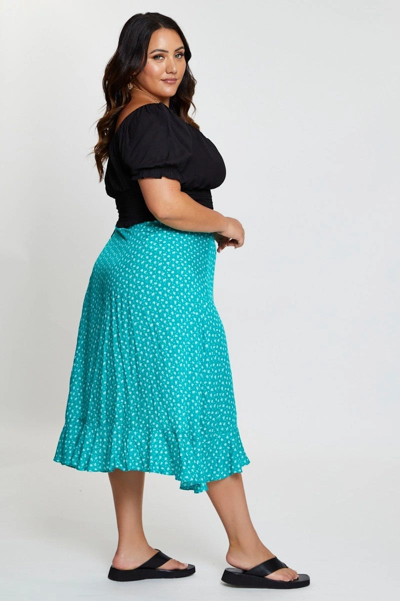 Light Edge Floral Print Midi Skirt Ruffle Hem