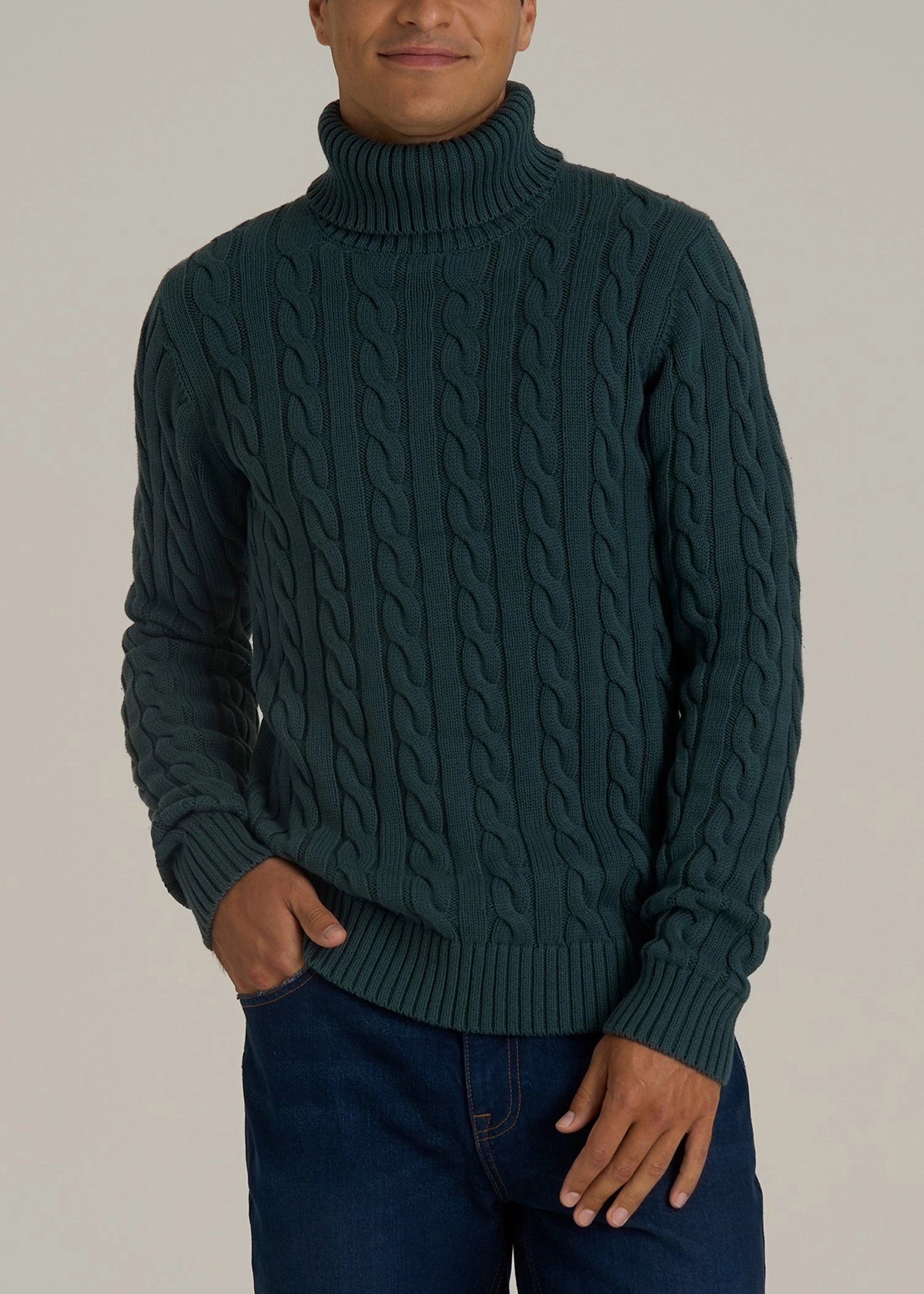 Cable Knit Turtleneck for Tall Men in Emerald product selection windproof