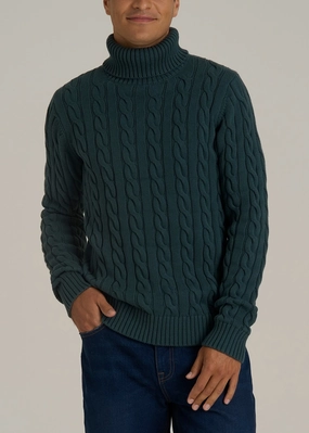 Cable Knit Turtleneck for Tall Men in Emerald dry cleanable