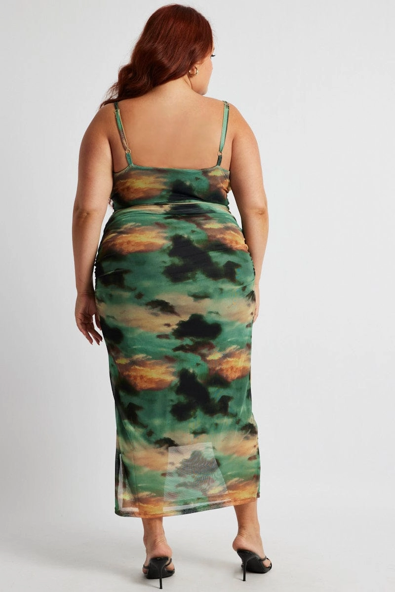 Multi Abstract Scoop Neck Mesh Maxidress Glossy Fabric