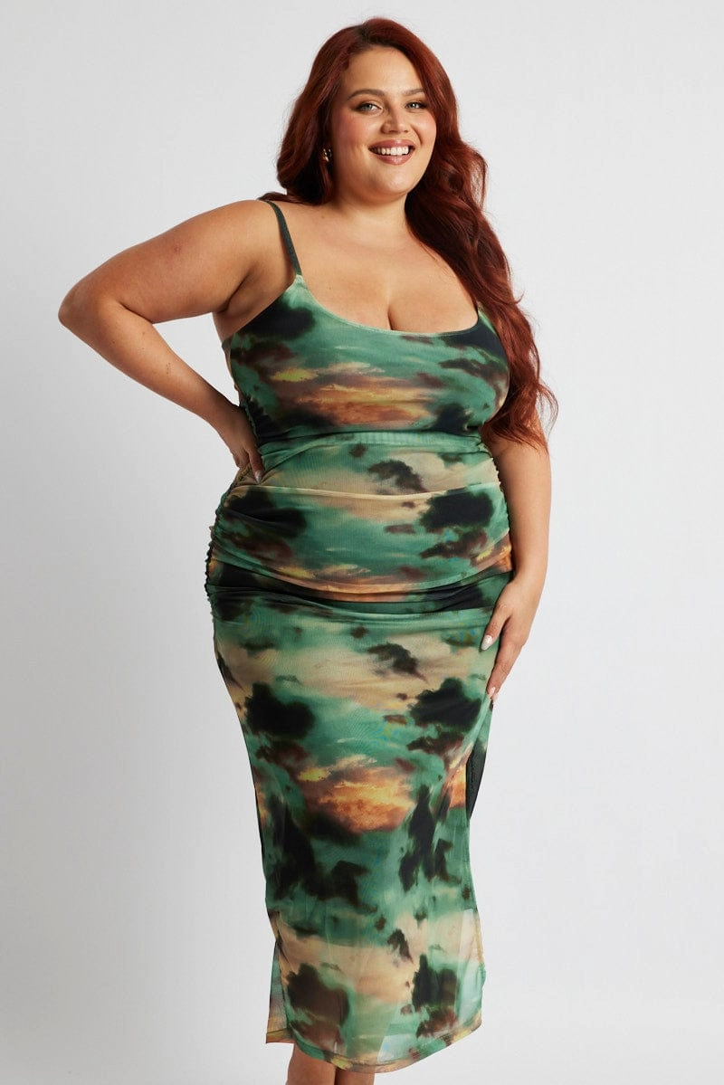 Multi Abstract Scoop Neck Mesh Maxidress Seasonal Layering Contemporary Style