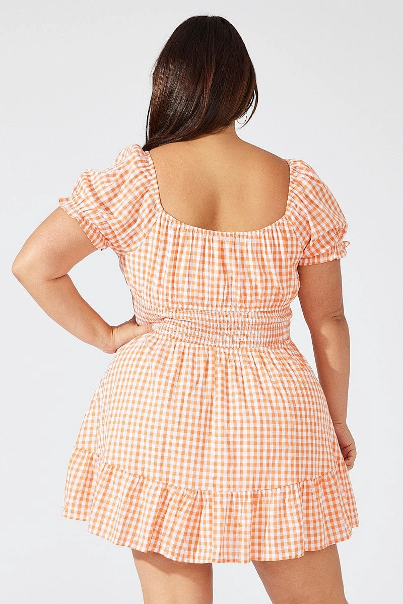 Chic and Elegant Orange Check Fit And Flare Dress Short Sleeve Shirred Waist