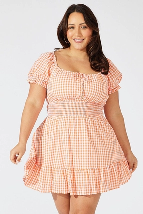 Casual and Stylish Orange Check Fit And Flare Dress Short Sleeve Shirred Waist