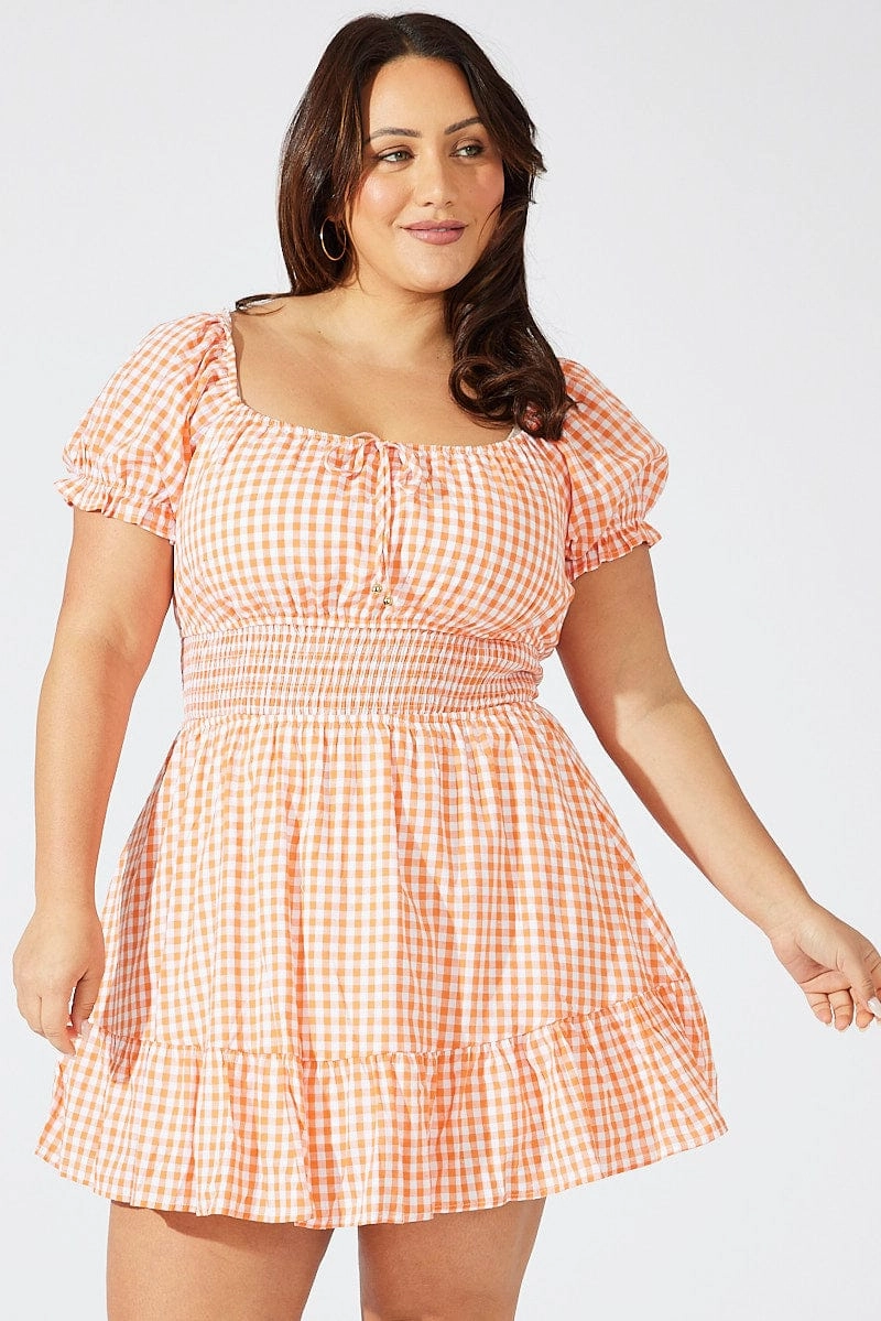 Orange Check Fit And Flare Dress Short Sleeve Shirred Waist Vibrant Tone Flexible Cut