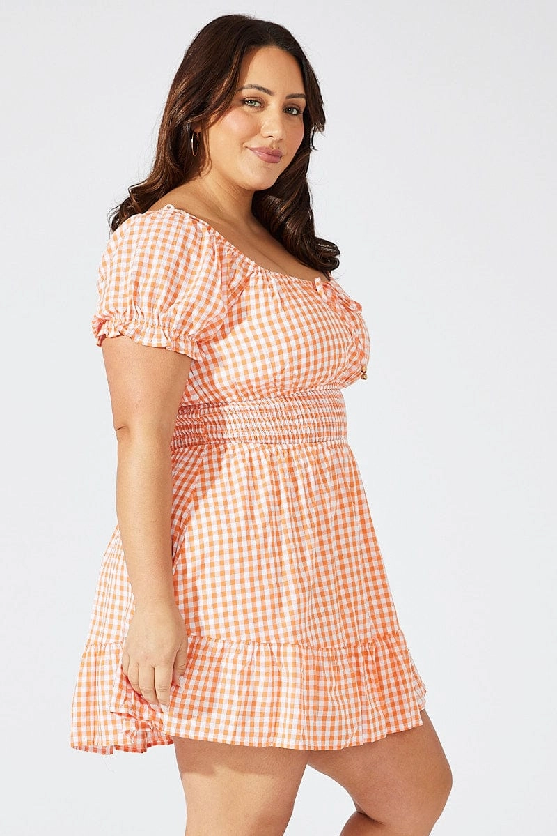 Flowy Layers Orange Check Fit And Flare Dress Short Sleeve Shirred Waist