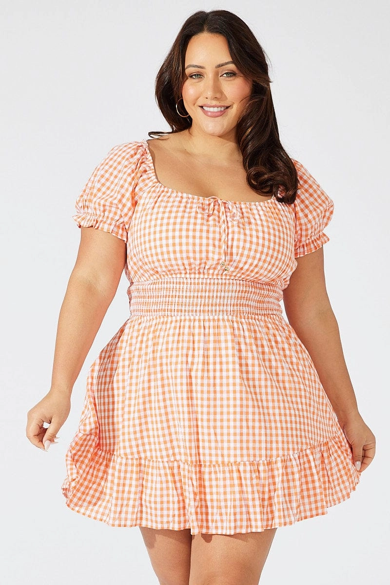 Casual and Stylish Orange Check Fit And Flare Dress Short Sleeve Shirred Waist