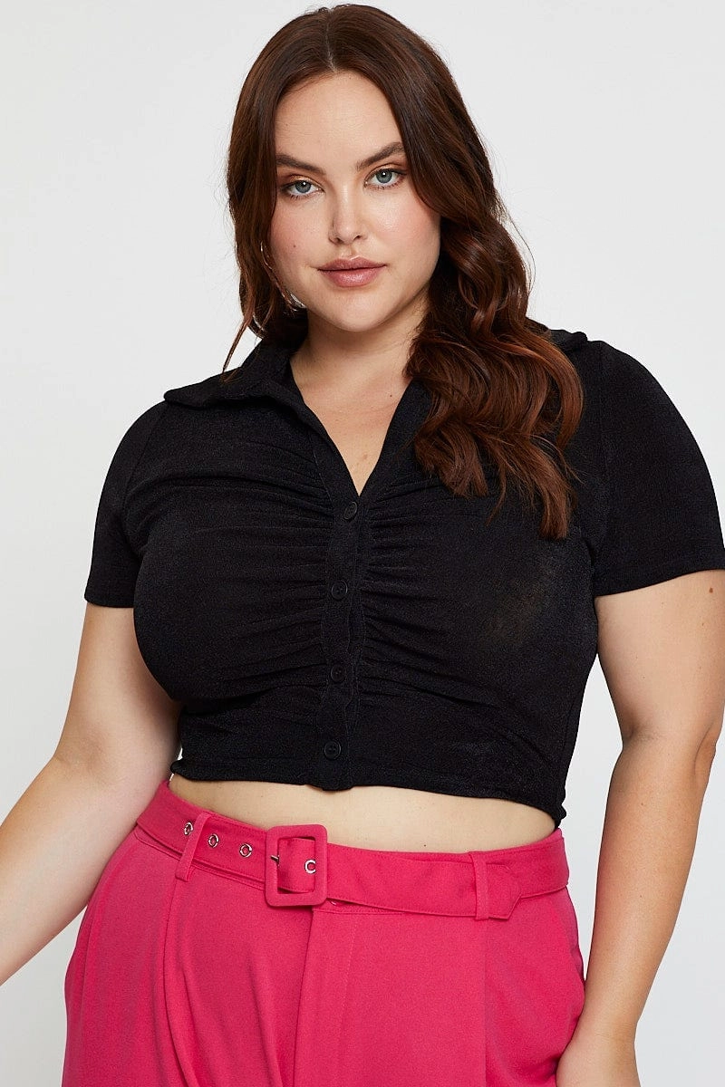 Long Sleeve Black Ruched Shirt Short Sleeve Slinky Jersey
