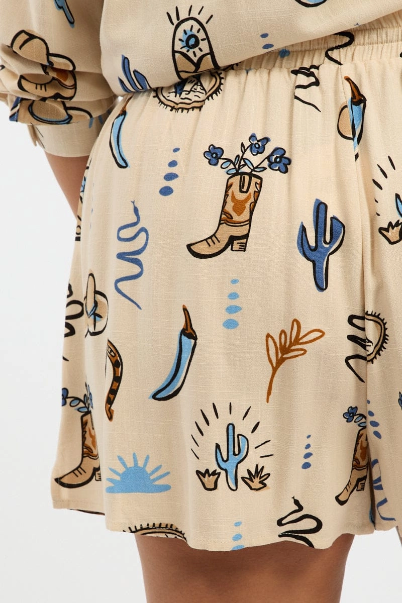 Everyday Feel Beige Abstract Cowboy Longer Drawstring Shorts