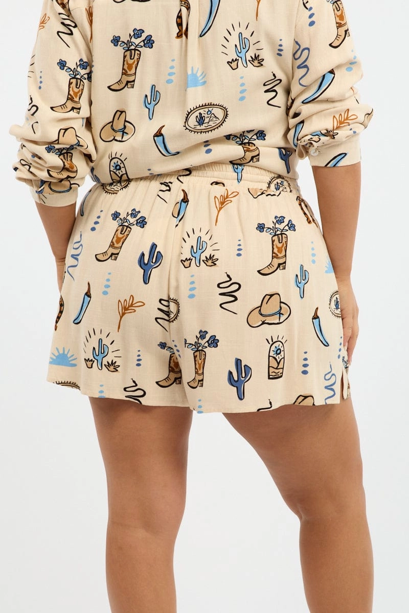 Beige Abstract Cowboy Longer Drawstring Shorts Basketball shorts