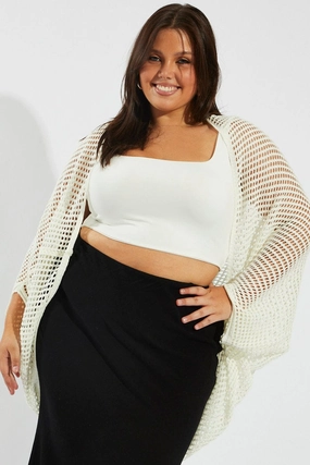 White Crochet Cardigan Longline Non Restrictive Mobility Moisture Managing Layer