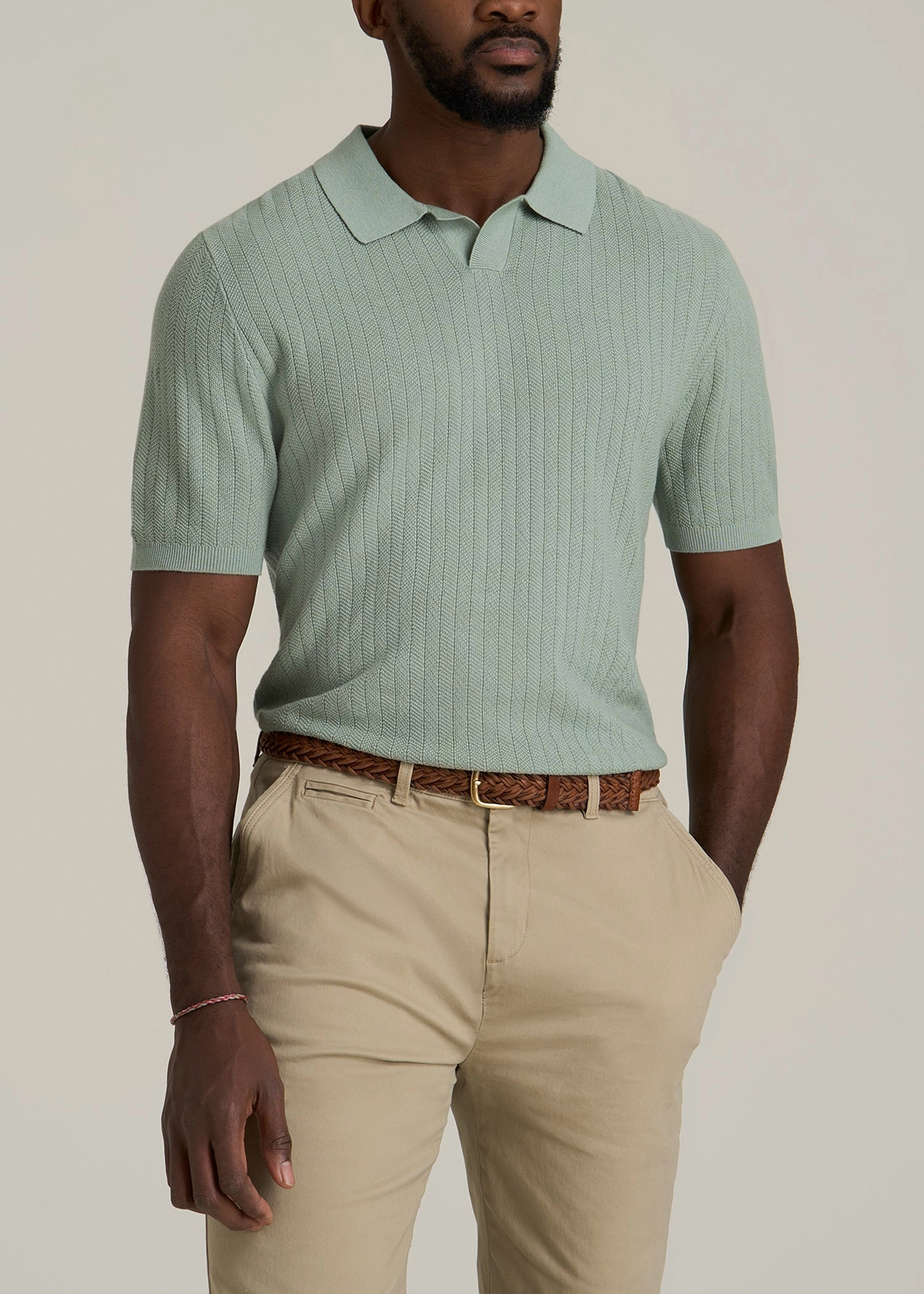 Casual Design Linen Blend Ribbed Knit Polo Shirt for Tall Men in Seagrass
