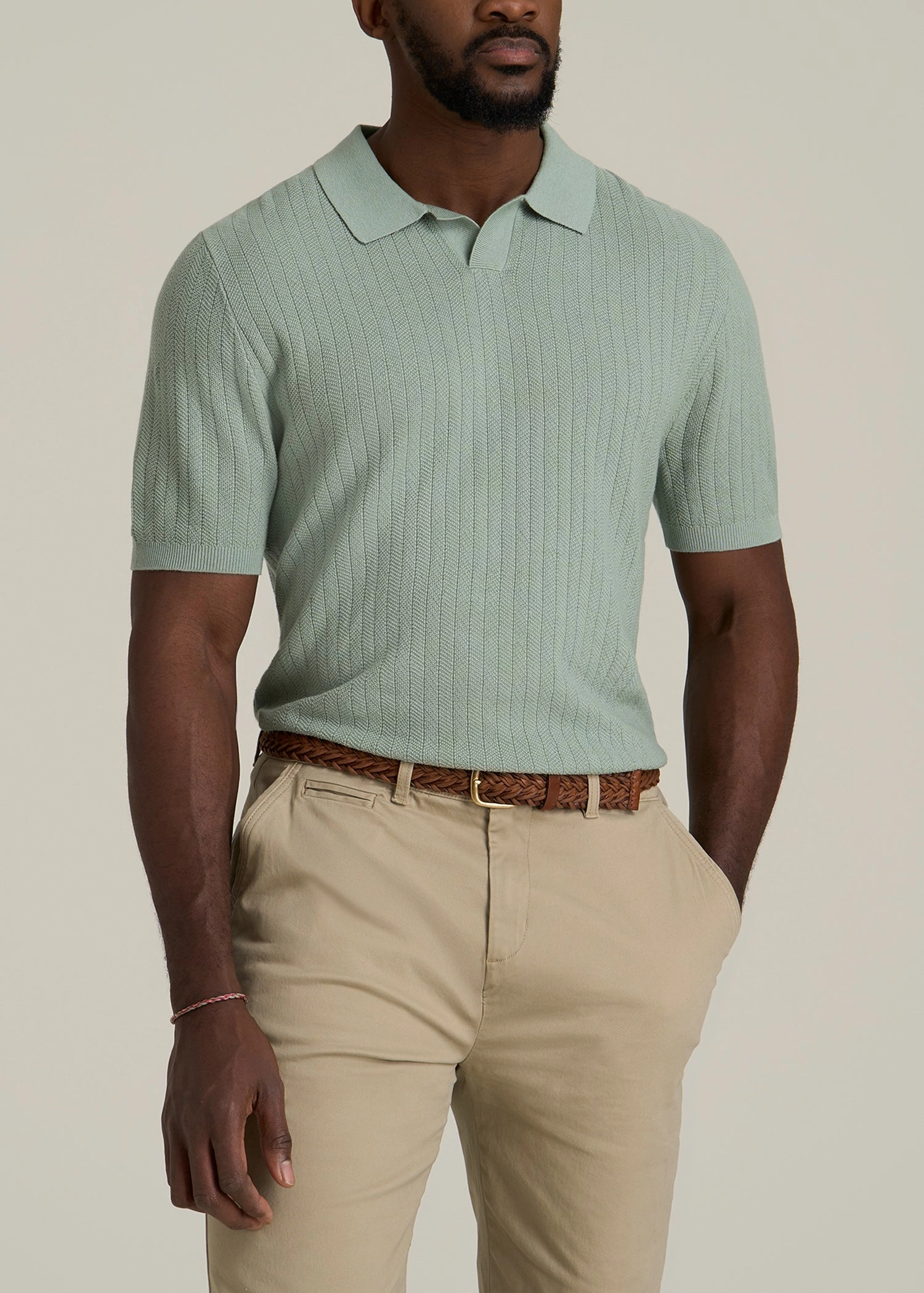 Linen Blend Ribbed Knit Polo Shirt for Tall Men in Seagrass Layering Piece Button Down Collar