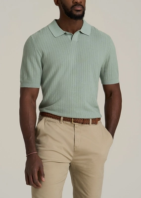 Linen Blend Ribbed Knit Polo Shirt for Tall Men in Seagrass Modern Design