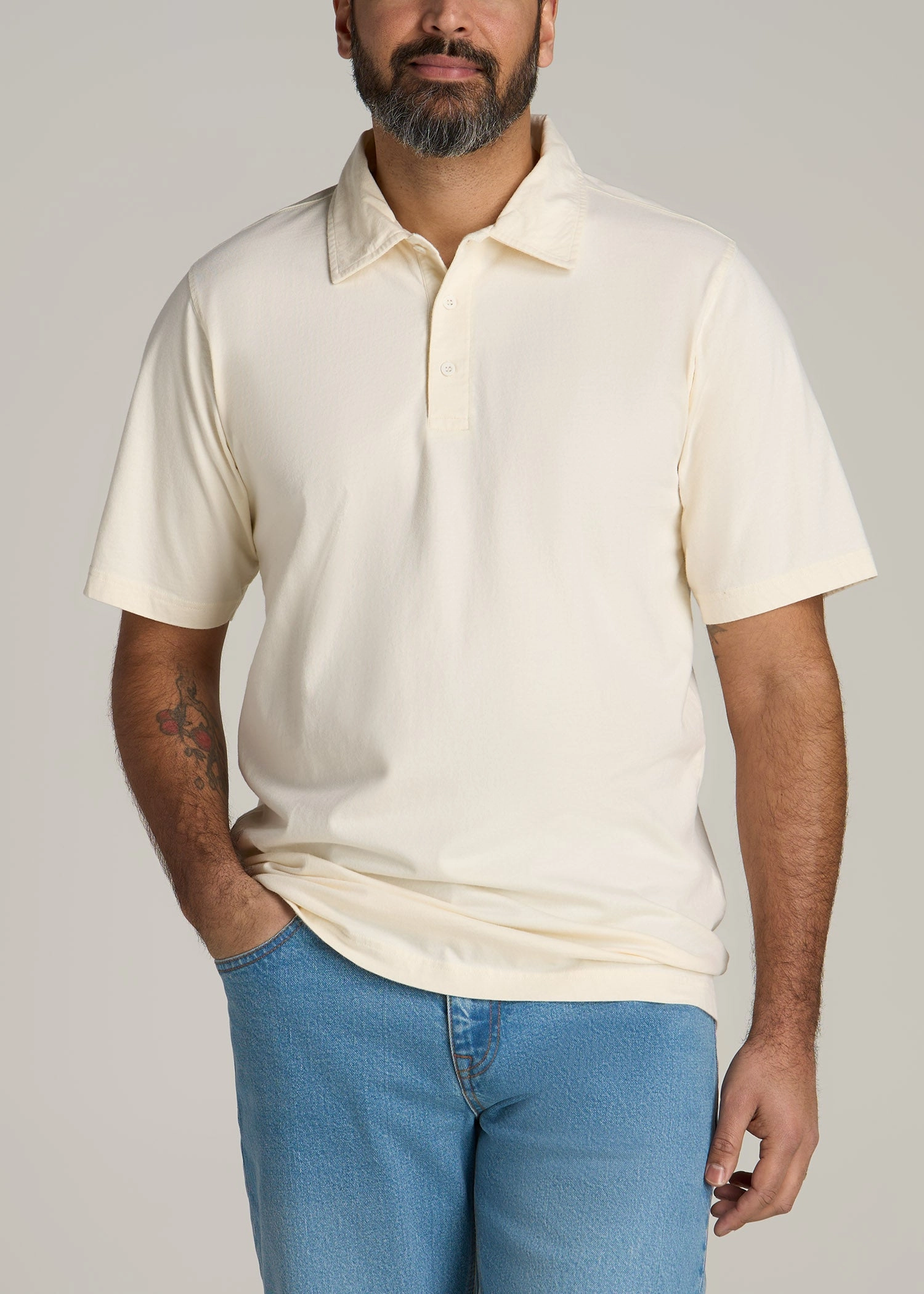 Ultimate Comfort Comfy Layers LJ&S Ultra Soft Short Sleeve Cotton Polo for Tall Men in Antique White