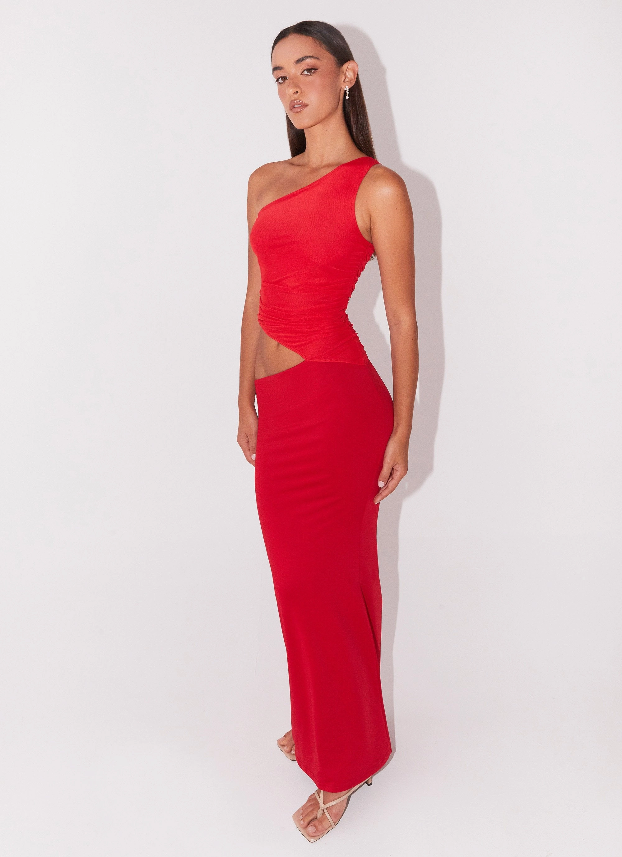 Seranella One Shoulder Maxi Dress - Cherry Red Timeless Shape Trend-Inspired