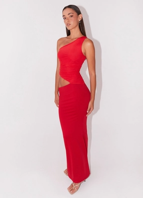 Seranella One Shoulder Maxi Dress - Cherry Red Timeless Shape Trend-Inspired