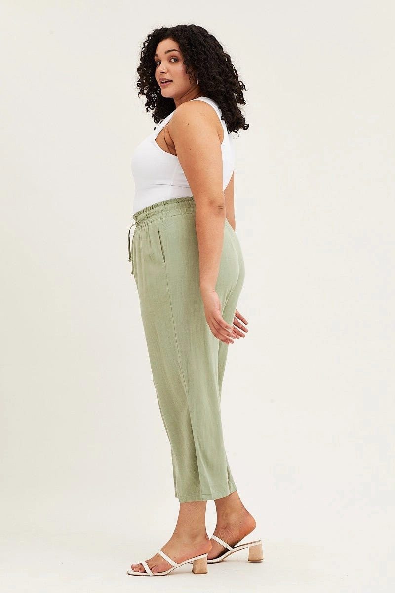 Urban Look Versatile Waist Green High Rise Linen Blend Paper Bag Wide Leg Pants