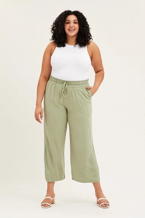 Performance Support Green High Rise Linen Blend Paper Bag Wide Leg Pants