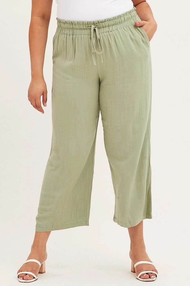 Green High Rise Linen Blend Paper Bag Wide Leg Pants Core Support