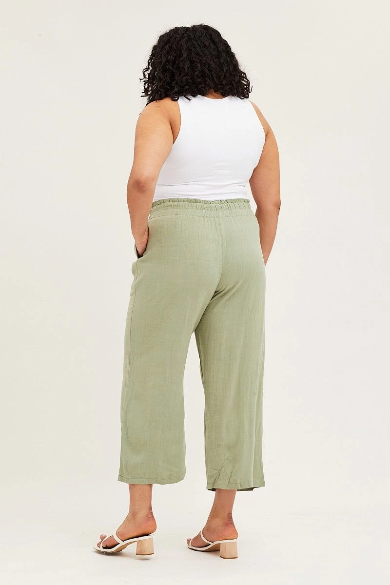 Green High Rise Linen Blend Paper Bag Wide Leg Pants Blackout fabric Adjustable Fit