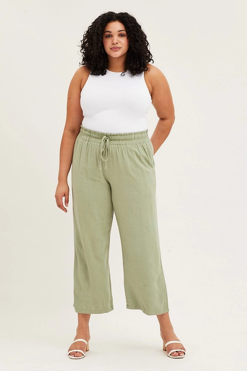 Sport Comfort Green High Rise Linen Blend Paper Bag Wide Leg Pants