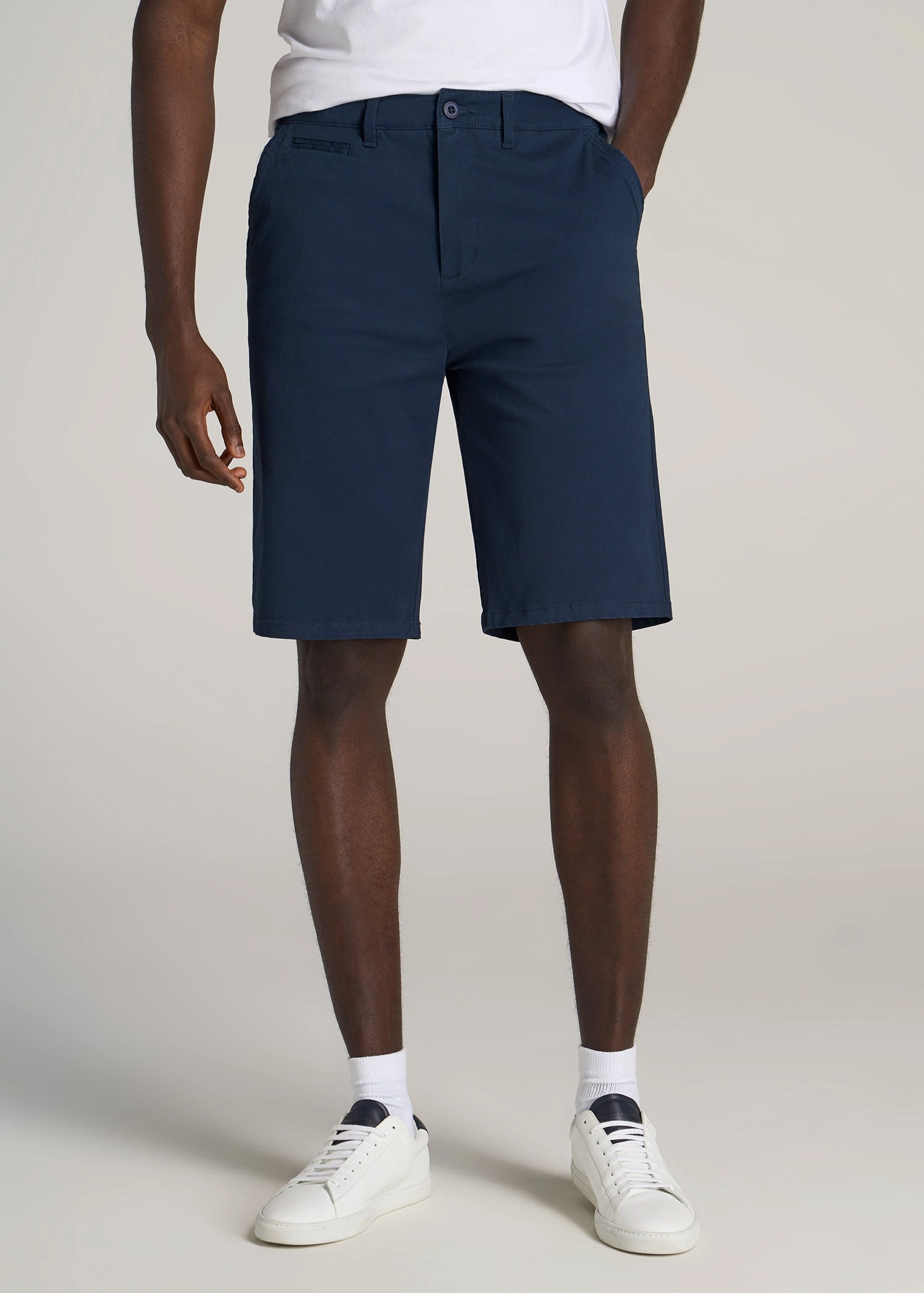 Chino Shorts for Tall Men in Marine Navy Low Bulk Waistband suede look
