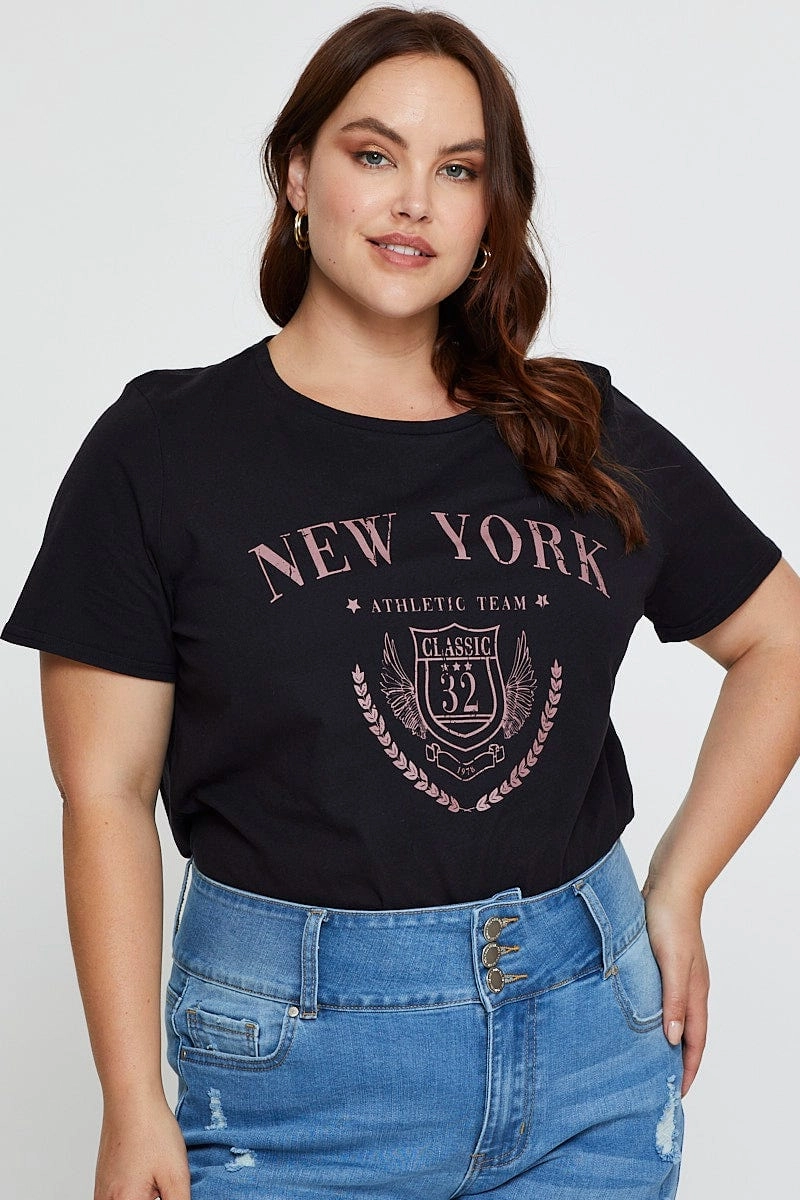 Sporty Look Wear Black Graphic T-shirt New York Crew Neck Short Sleeve