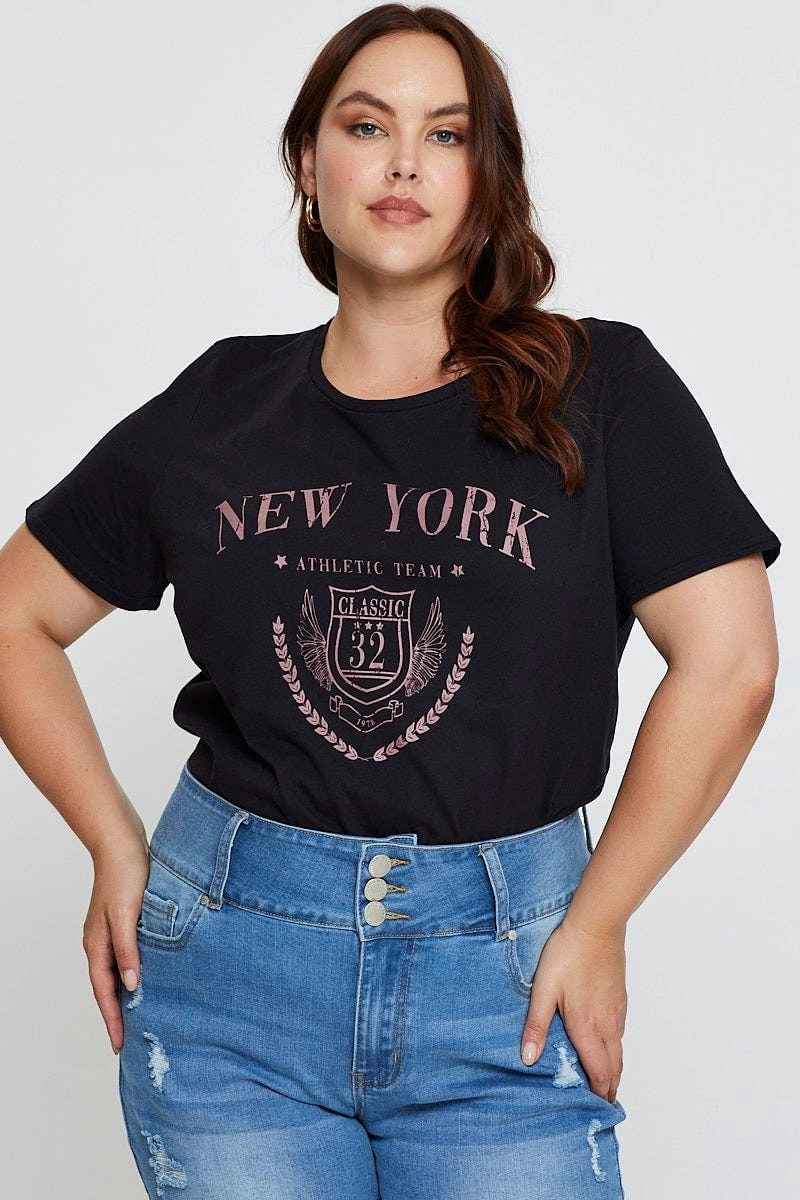 Chic And Comfortable Effortless Style Black Graphic T-shirt New York Crew Neck Short Sleeve