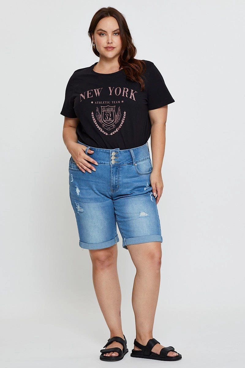 Comfy Layer Black Graphic T-shirt New York Crew Neck Short Sleeve