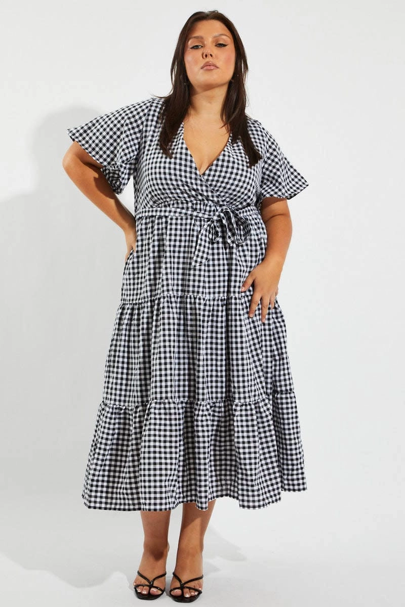 Ruched-Detail Soft Tone Black Check Midi Dress Short Sleeve Wrap Front Self Tie