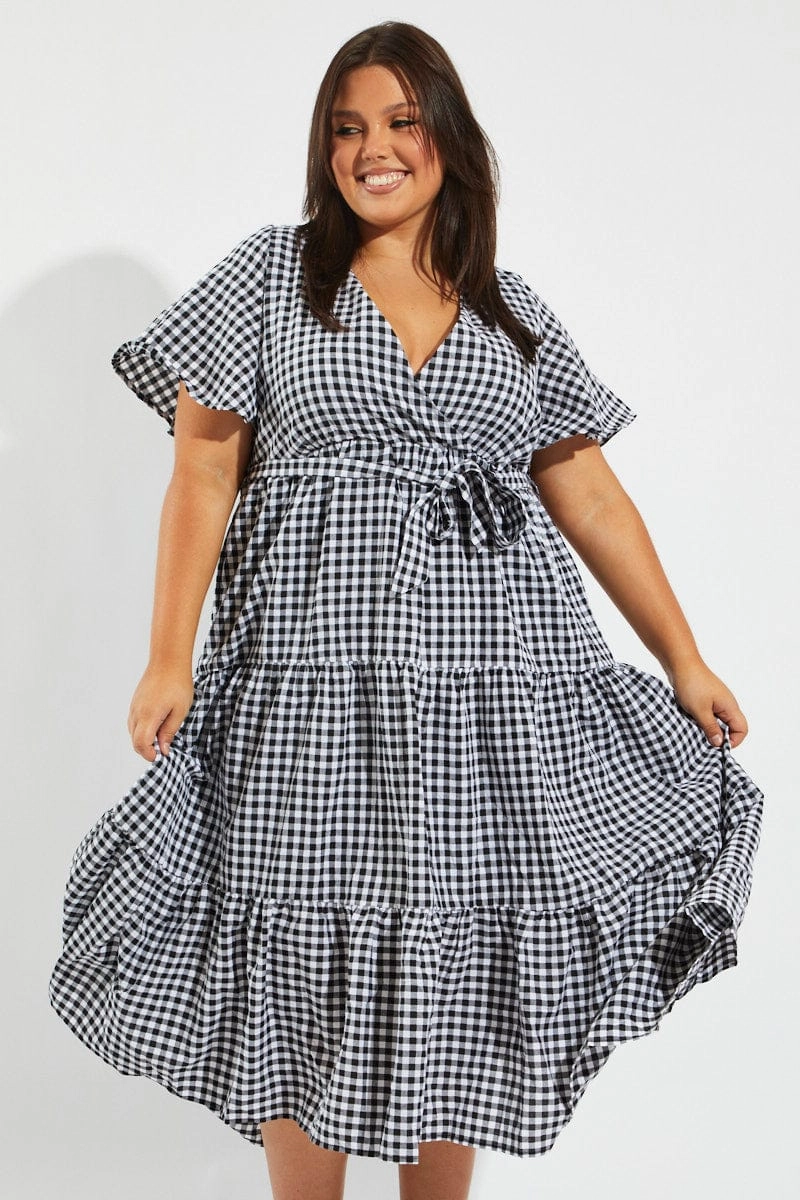 Black Check Midi Dress Short Sleeve Wrap Front Self Tie petite size