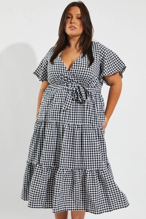 Feminine Style Black Check Midi Dress Short Sleeve Wrap Front Self Tie