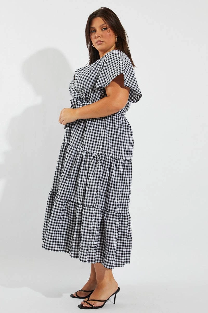Art-Gallery Compact Fit Black Check Midi Dress Short Sleeve Wrap Front Self Tie