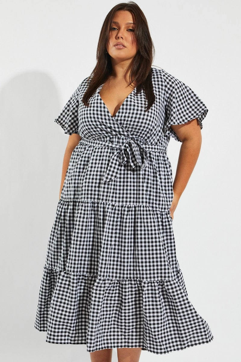 Feminine Style Black Check Midi Dress Short Sleeve Wrap Front Self Tie