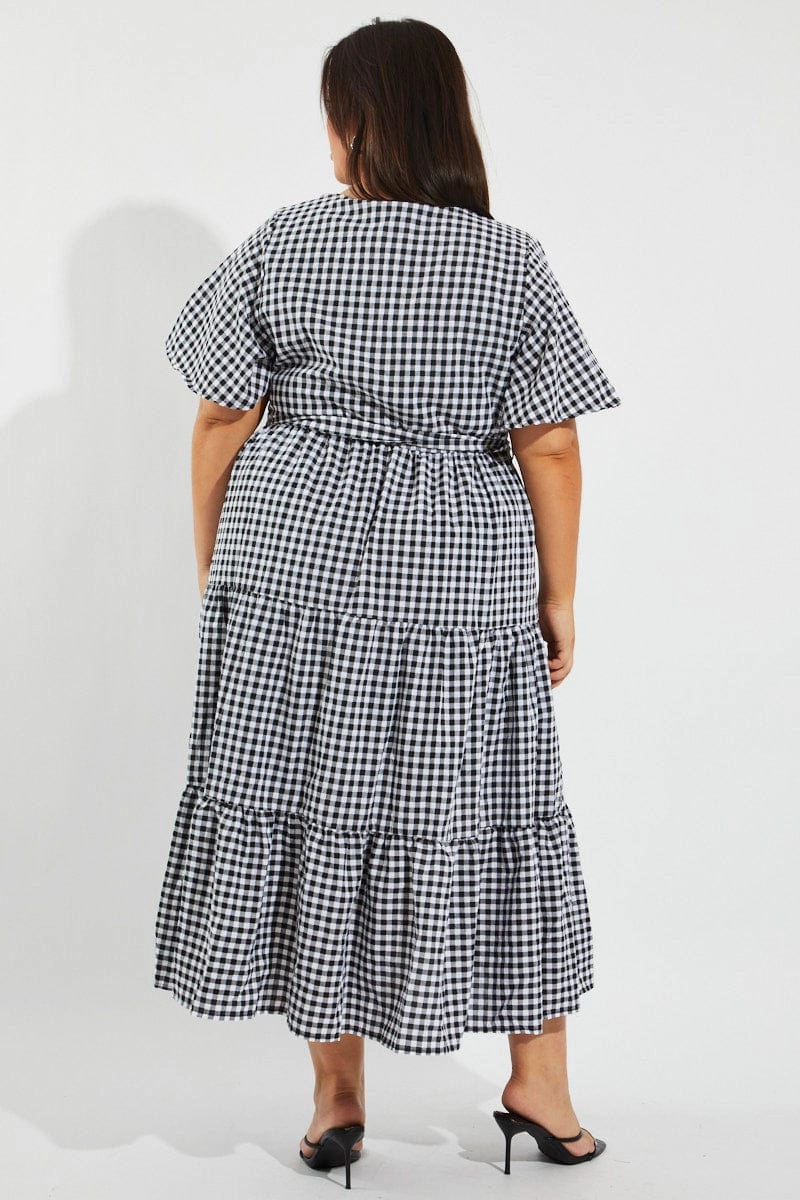 Black Check Midi Dress Short Sleeve Wrap Front Self Tie Bless Glow