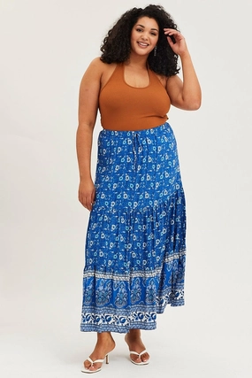 Boho Print Tiered Maxi Skirt Travel Friendly