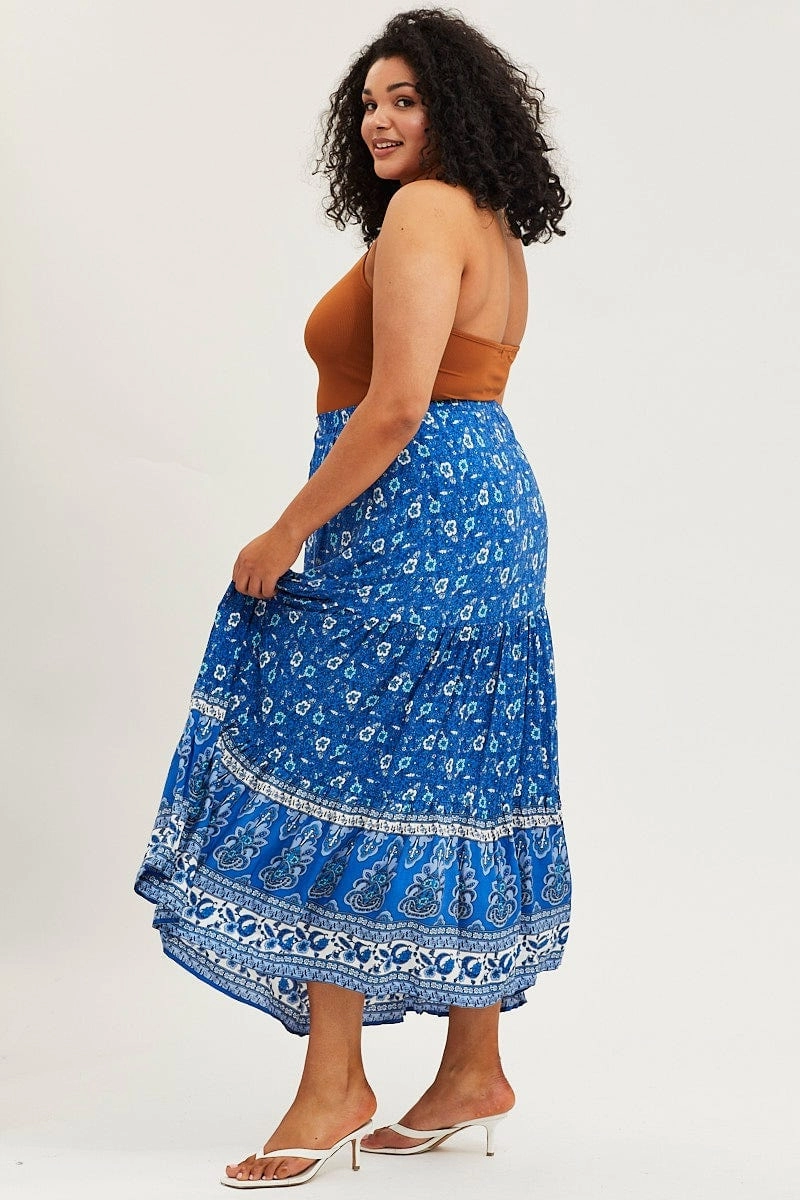 Boho Print Tiered Maxi Skirt Classic Fit Urban Style