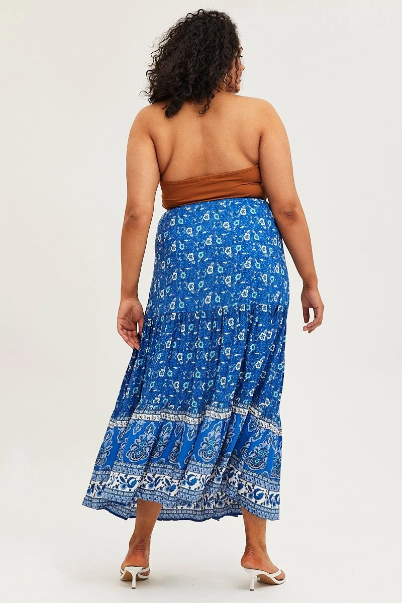 Boho Print Tiered Maxi Skirt Pocket Design Velvet Finish