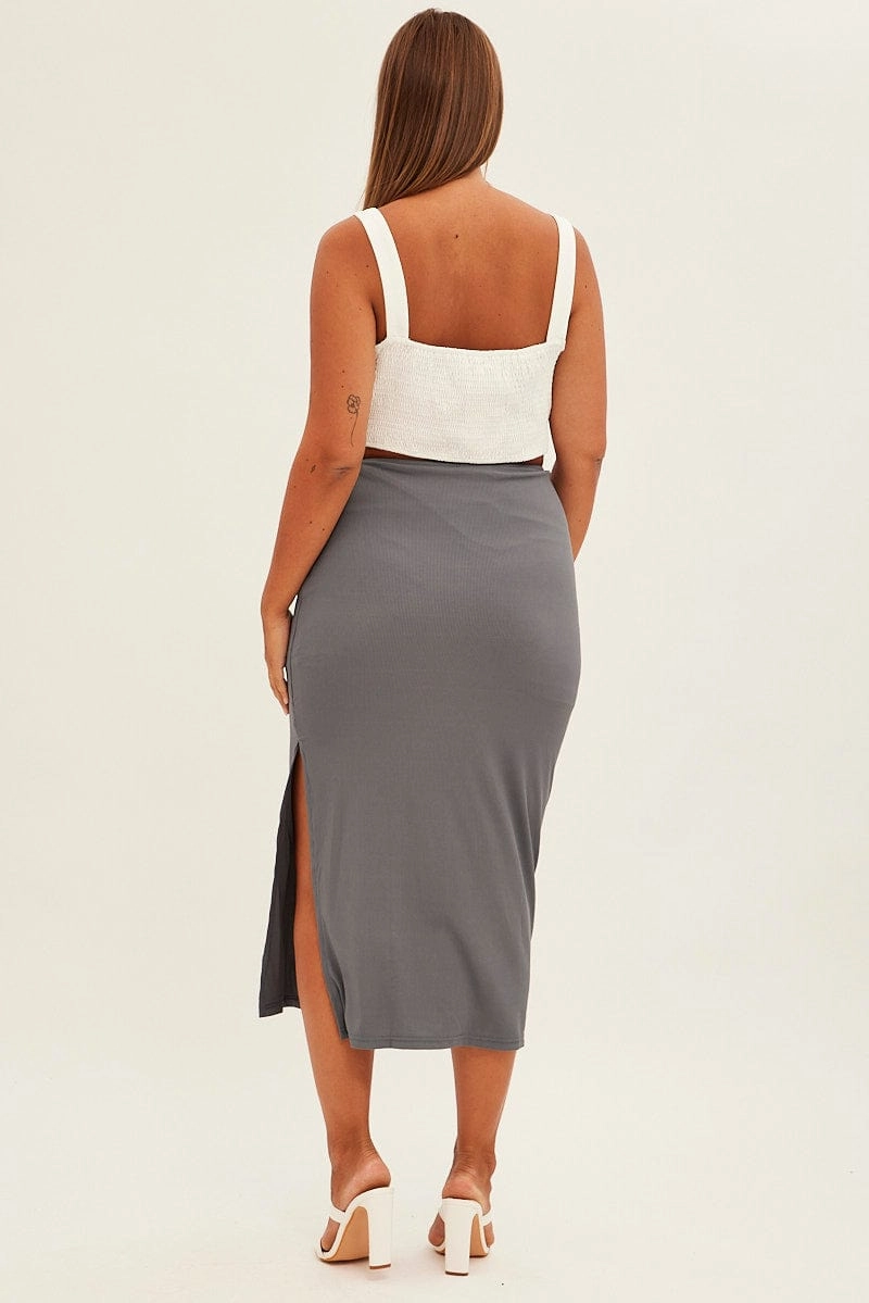 Sporty Edge Grey Midi Skirt High Rise Pencil Ribbed