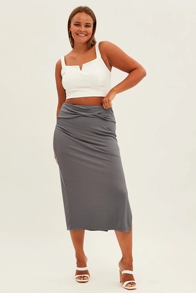 Casual Edge Couture Inspired Grey Midi Skirt High Rise Pencil Ribbed