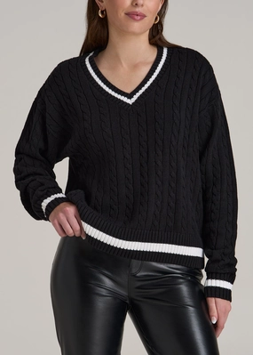 V-Neck Collegiate Sweater for Tall Women in Black and Bright White Cozy Wear