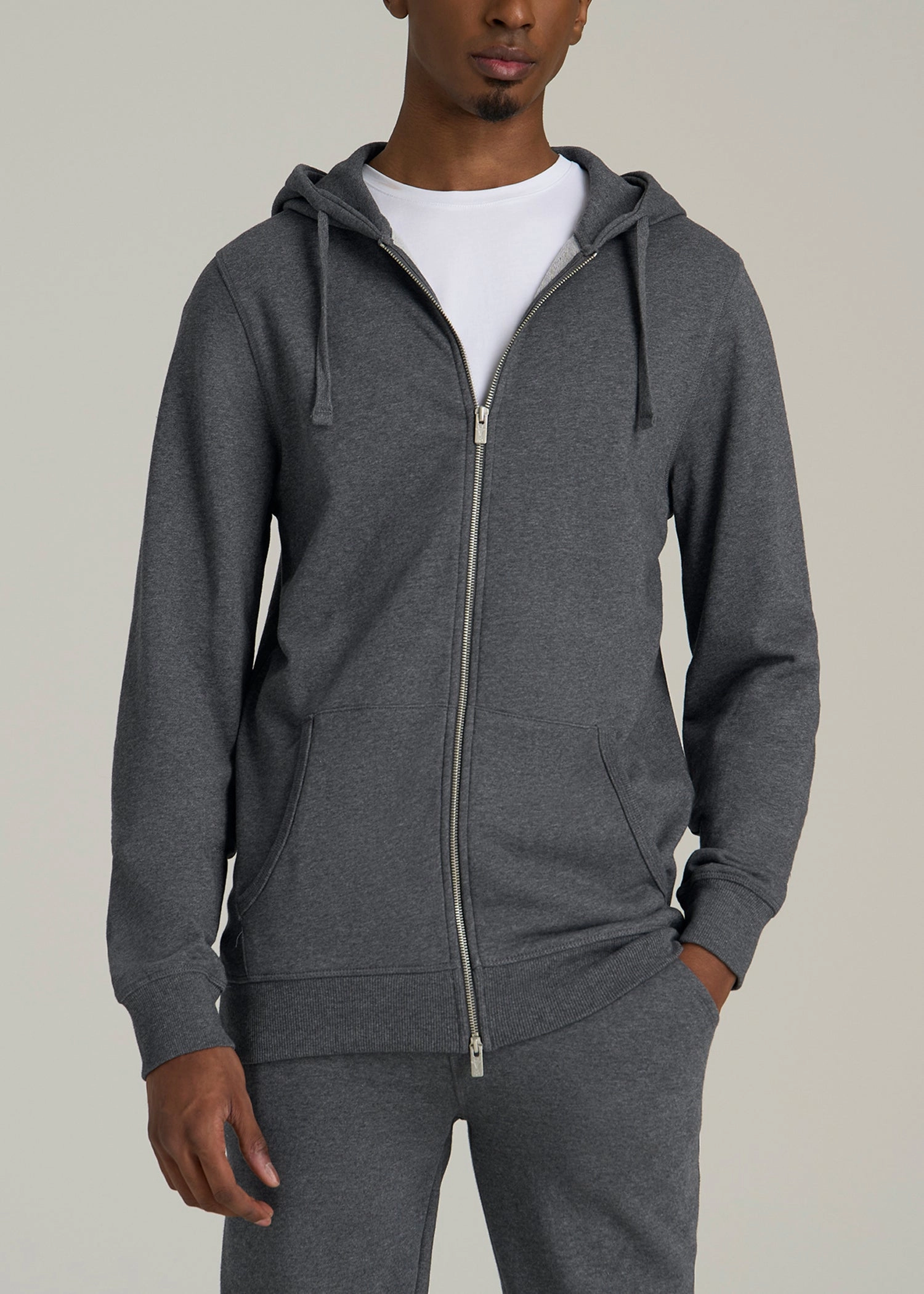 Wearever 2.0 French Terry Full-Zip Hoodie for Tall Men in Charcoal Mix Adjustable Comfy Look