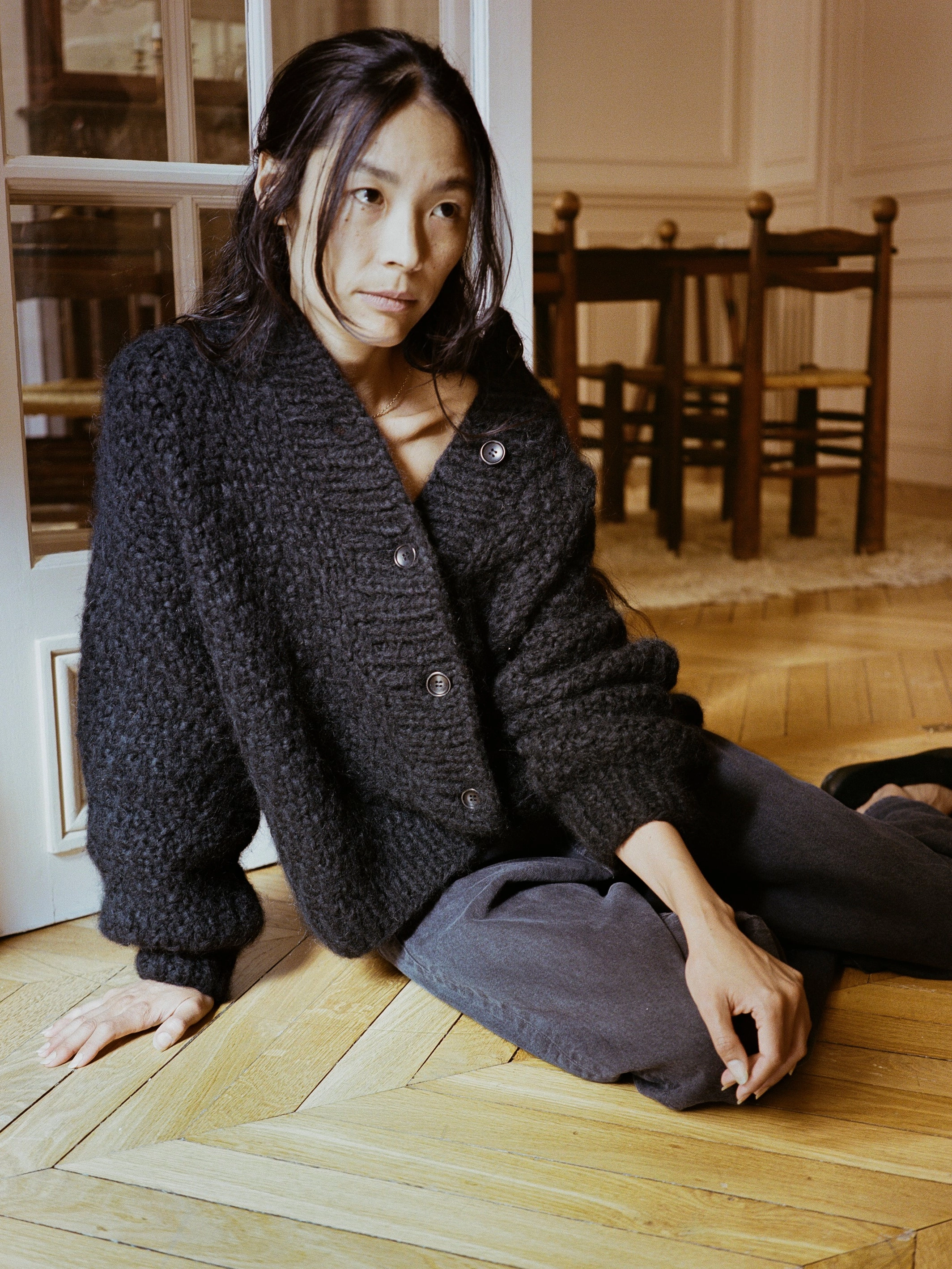 Drawstring Hood Bell Hand Knit Cardigan, Alpaca Blend, Black