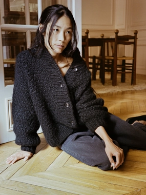 Drawstring Hood Bell Hand Knit Cardigan, Alpaca Blend, Black