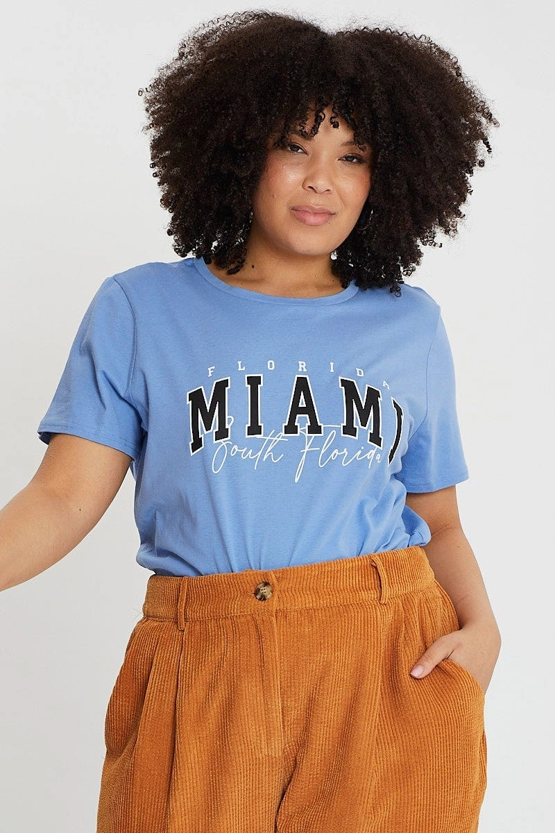 Elastic Fit Blue Graphic T-shirt Short Sleeve Cotton