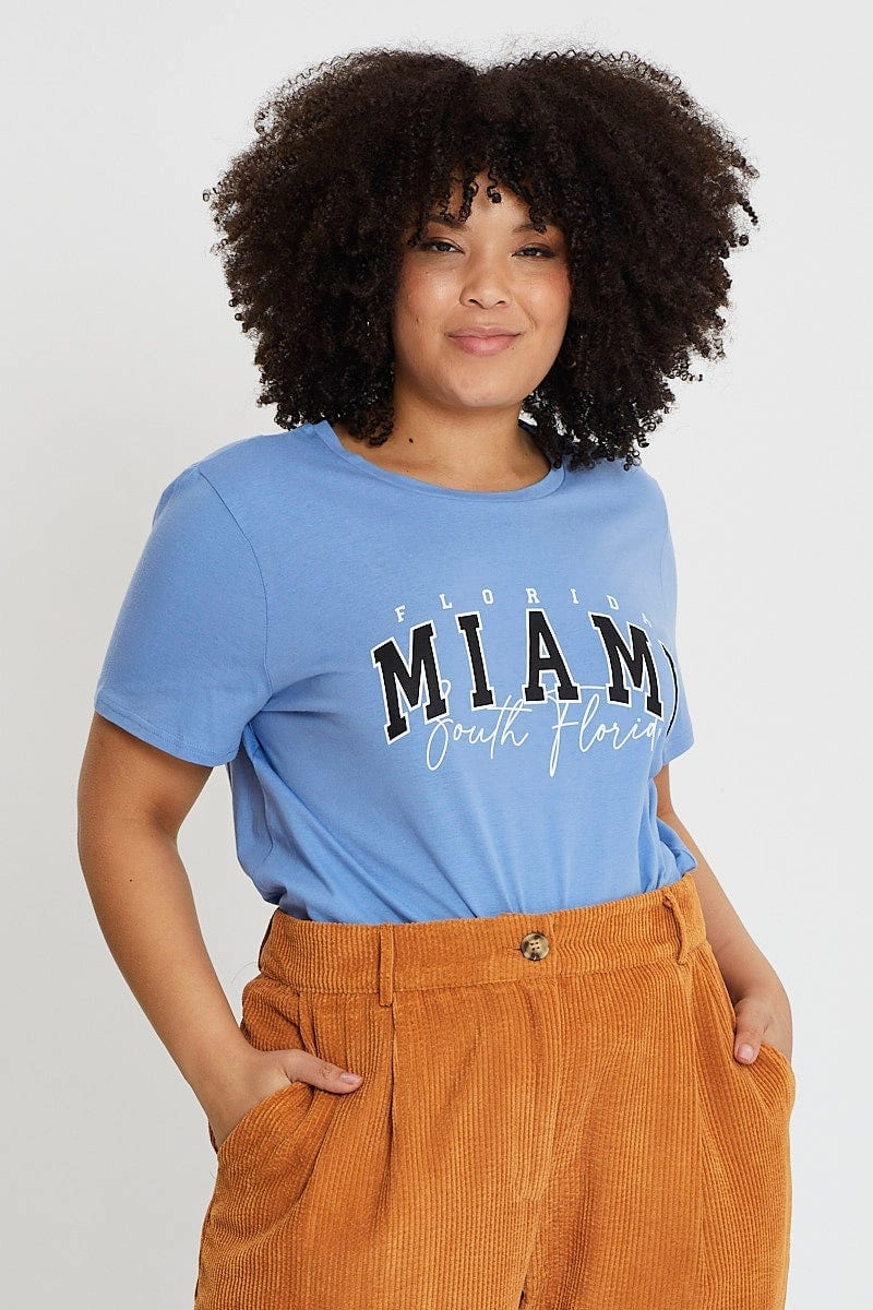 Blue Graphic T-shirt Short Sleeve Cotton Comfy Fit Layer