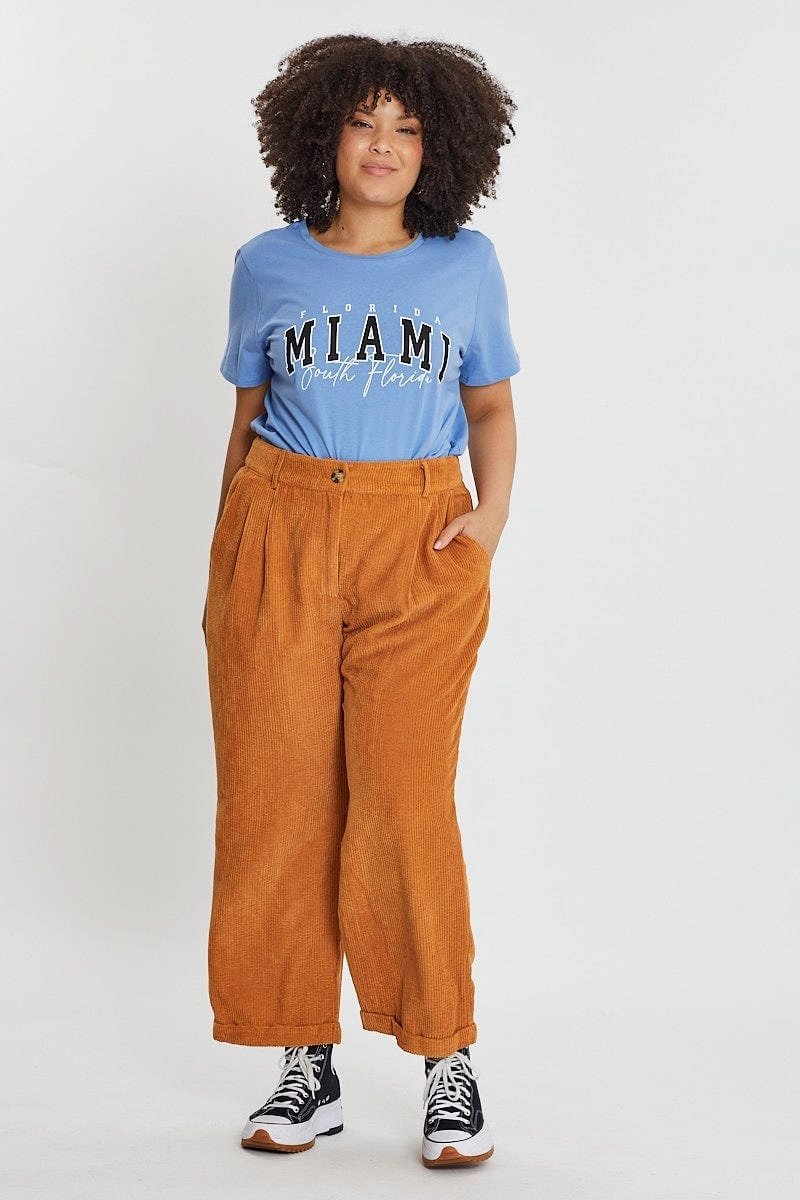 theater visit Floral Pattern Blue Graphic T-shirt Short Sleeve Cotton