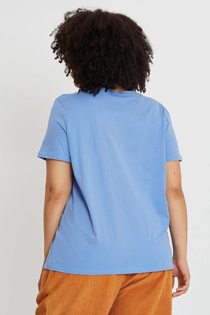 Blue Graphic T-shirt Short Sleeve Cotton SunProtectionFabric Solid Color