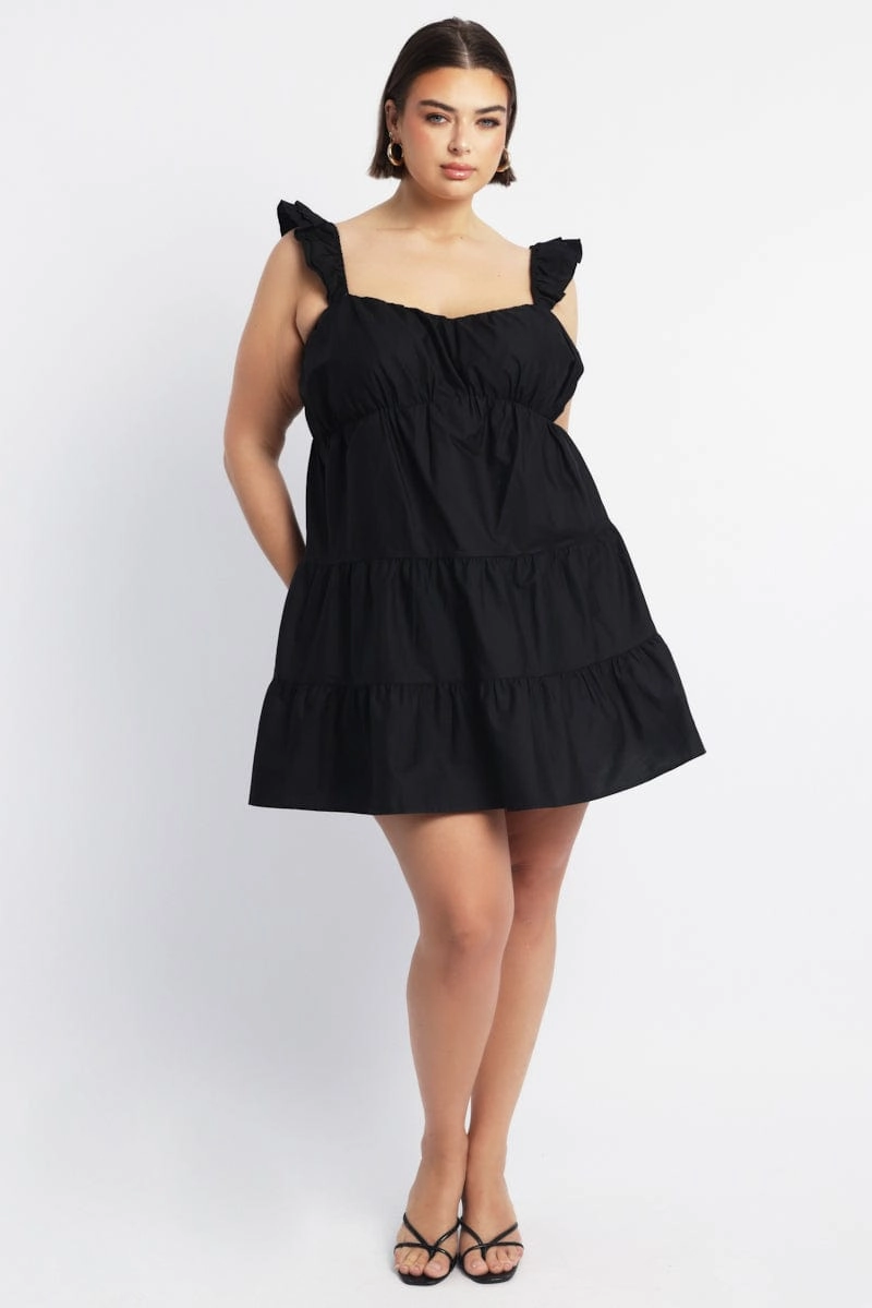 Black Flutter Sleeve Cotton Blend Minidress Warm Pink